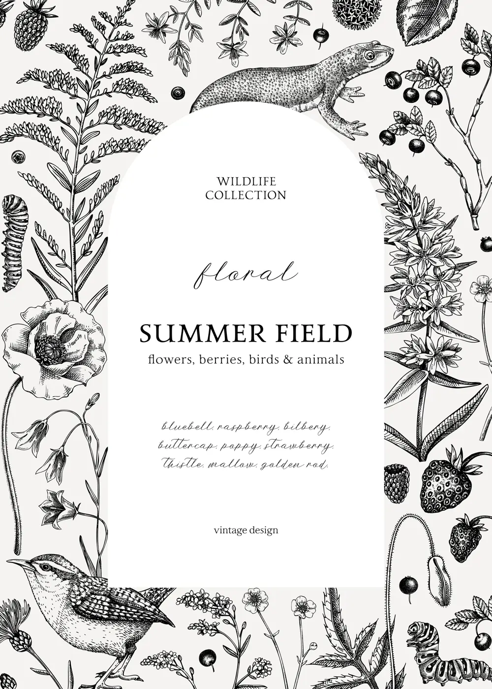Retro style floral frame design. Vintage summer background. Wildlife sketches. Wildflowers botanical illustration. Hand-drawn field flowers, birds, and animals for wedding invitation, card, decoration Illustration